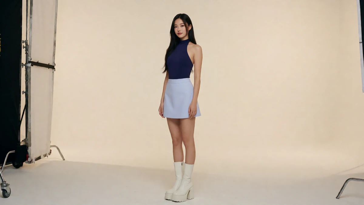深蓝上衣造型：成年女子穿浅紫短裙和白色长靴站在浅色影棚