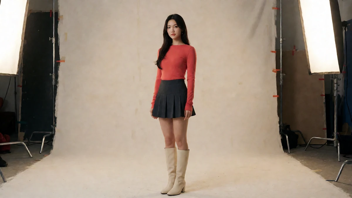 摄影棚收尾图：成年女子穿红上衣和深色短裙站在两盏摄影灯之间